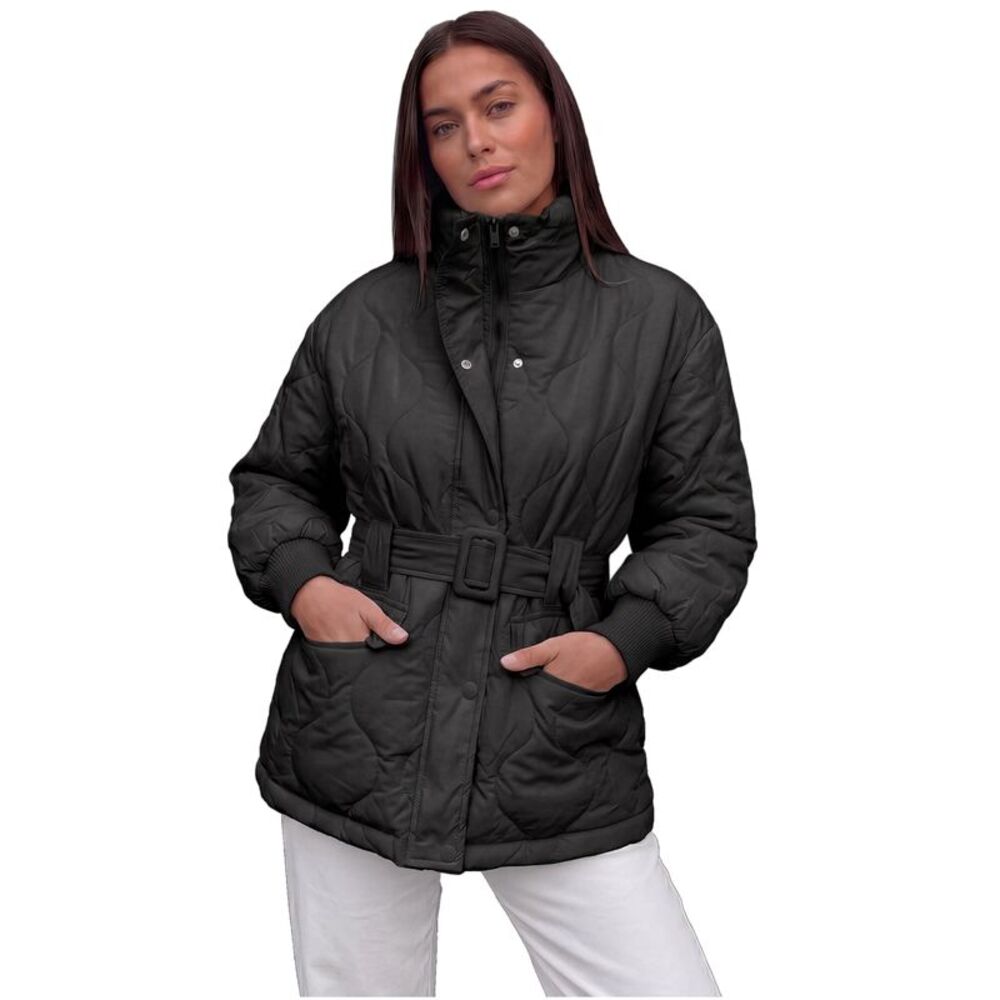 Women Stand Collar Belted Balloon Sleeve Zip Up Puffer Jacket Black